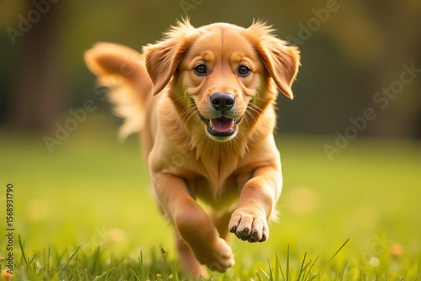 Fototapeta Golden Retriever Joyfully Running Through Grassy Field

