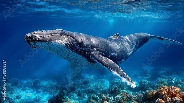 Obraz Majestic humpback whale swims gracefully through a vibrant coral reef ocean