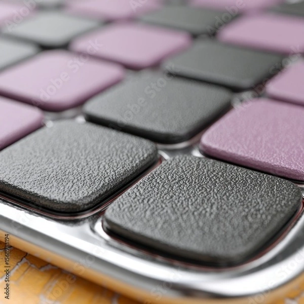 Fototapeta Close up view of textured square pads in alternating grey and purple colors on a metallic surface