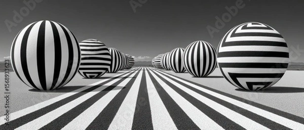 Fototapeta Black and white striped spheres arranged on a striped pathway in an outdoor landscape