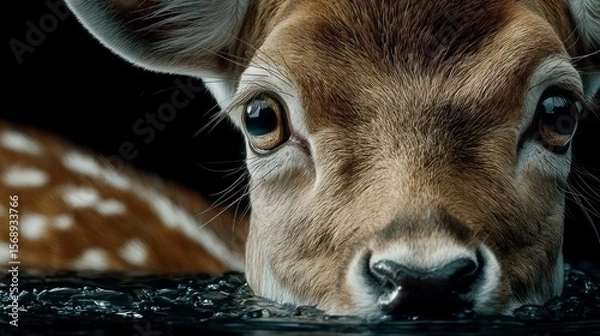 Obraz Close up of a fawn's face drinking water its fur detailed against a dark background
