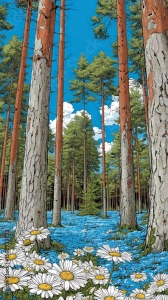 Fototapeta Tall pine trees and blooming white daisies cover a forest floor carpeted with small blue flowers under a sky