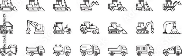 Fototapeta Construction Machinery, Construction Equipment Icons Set Editable Stroke.Vector pictograms of bulldozer, loader, grader, paver, roller, lowboy hauler, utility, concrete mixer, thin linear illustration
