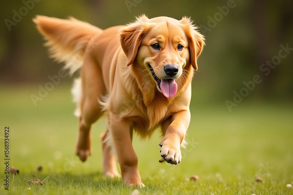 Fototapeta Golden Retriever Running Joyfully on Grass with Tongue Out

