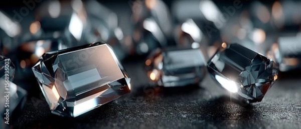 Fototapeta Polished faceted diamonds glistening on a textured dark surface with soft bokeh background