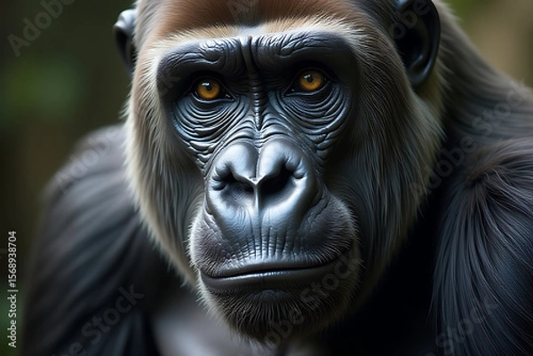 Fototapeta Gorilla Portrait with Intense Gaze, Detailed Fur Texture, and Natural Background

