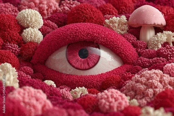 Fototapeta Close up eye with pink iris surrounded by abstract red and pink textured shapes and a small pink mushroom