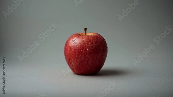 Fototapeta Mesmerizing and Highly Detailed Cinematic Photograph of a Fresh Red Apple Covered in Dew Drops, Isolated on a Soft Grey Background, Perfect for Healthy Food Concepts