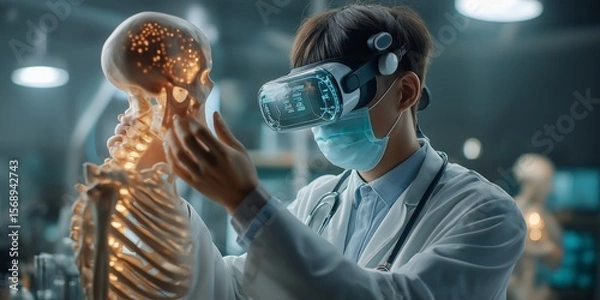 Obraz career development medical concept. A researcher using VR with a skeleton model for study.