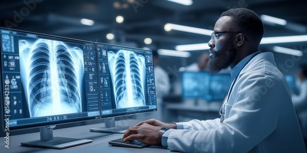 Obraz career development medical concept. Medical professional analyzing lung images on monitors.