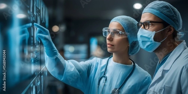 Obraz career development medical concept. Medical professionals analyzing data on digital screens.