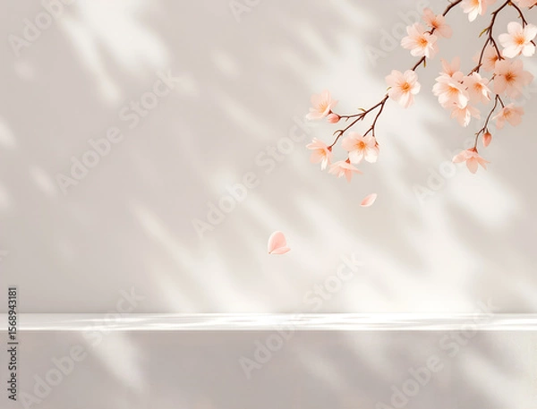 Obraz Delicate pink cherry blossom branch with falling petals against a white background and shadows