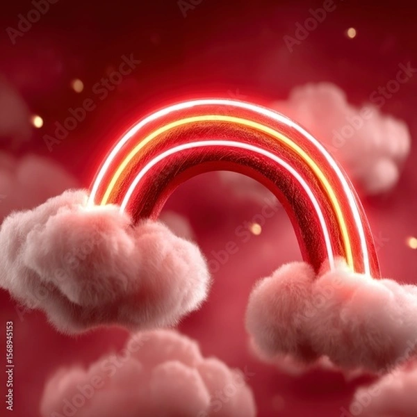 Fototapeta Red neon rainbow with white and yellow stripes emerges from fluffy pink clouds against a red background