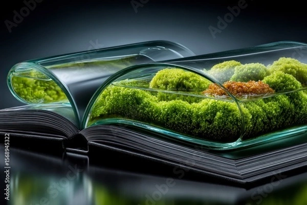 Fototapeta Open book with curved glass containers holding moss and water creating miniature ecosystems
