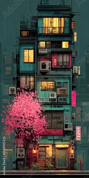 Fototapeta Pixel art depiction of a narrow building with many windows air conditioners and a vibrant cherry blossom tree in bloom