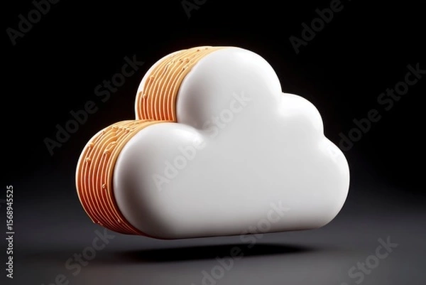 Fototapeta A white glossy cloud icon with layered textured orange gold edges on a dark background