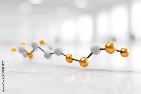 Fototapeta Abstract molecular structure with white and gold spheres connected by black rods on a bright blurred background