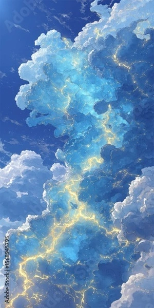 Fototapeta Deep blue cumulus clouds illuminated with luminous golden lightning streaks against a clear sky