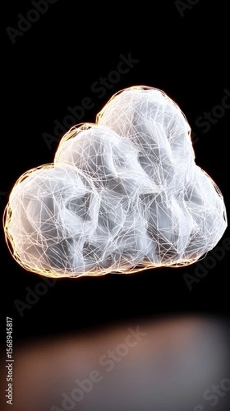 Fototapeta Abstract digital cloud sculpture with intricate wireframe mesh and glowing golden outline