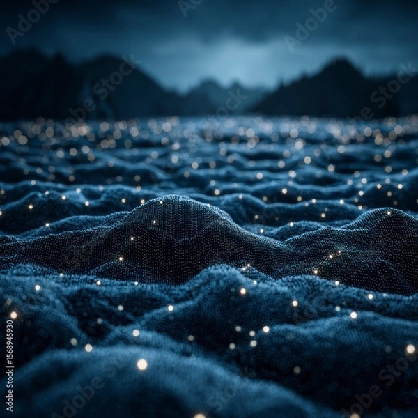 Fototapeta Dark textured landscape with many small glowing lights under a stormy sky