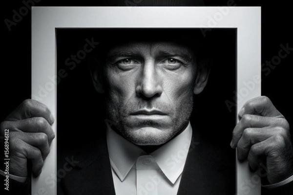 Fototapeta Serious middle aged man in hat and suit holding a white frame in a studio