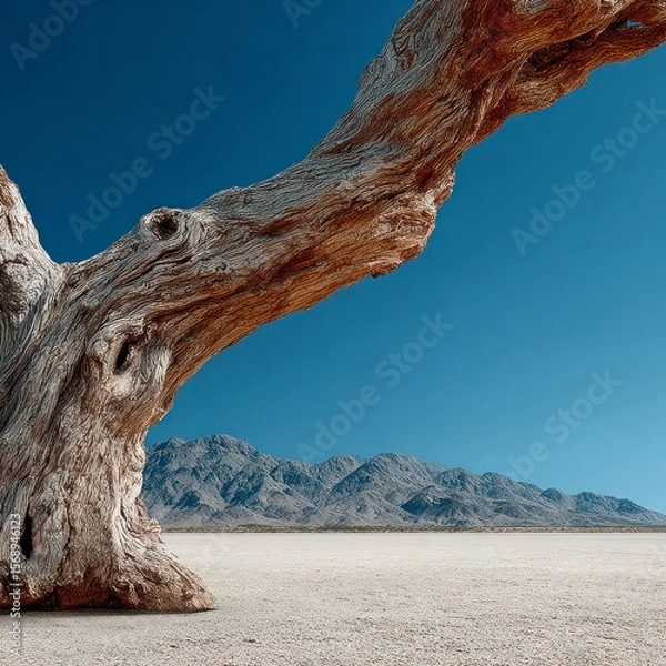 Fototapeta Gnarled ancient dead tree trunk in a desert landscape with distant mountains and clear blue sky