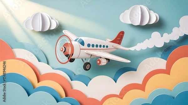 Obraz Whimsical Airplane Soars Through Sunny Skies Amidst Papercut Clouds and Colorful Stratus Layers