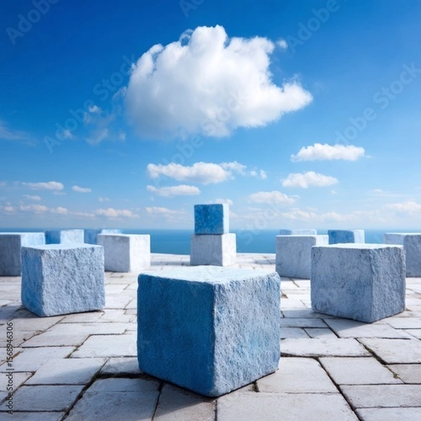 Fototapeta Serene blue and white stone cubes arranged on a paved surface against a vibrant sky and ocean backdrop
