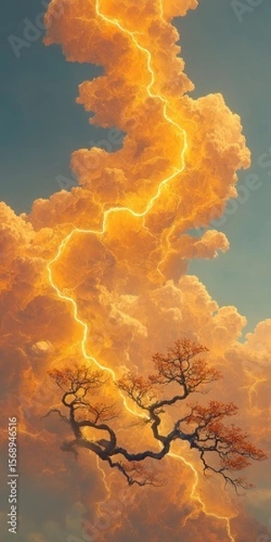 Fototapeta Dramatic golden lightning illuminates stormy clouds surrounding silhouetted trees with autumn foliage