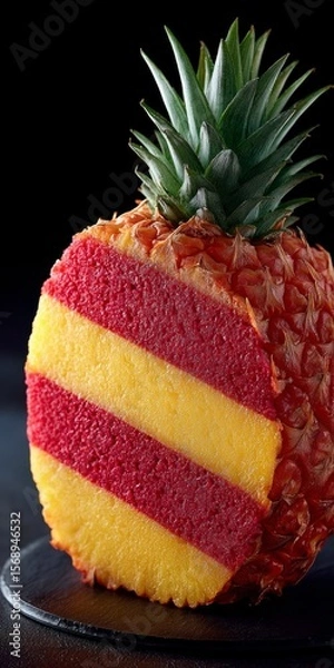 Fototapeta A cross section of a pineapple revealing alternating layers of yellow and red fruity filling on a dark surface
