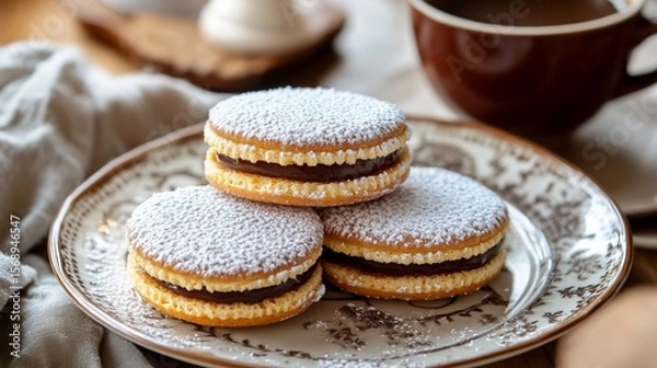Fototapeta Classic Argentina's famous dessert filling, coated in chocolate or powdered sugar, arranged neatly on a plate.