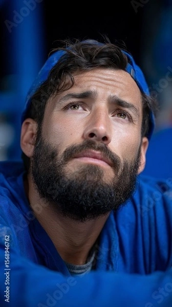 Fototapeta Close up portrait of a man with dark curly hair a full beard and light eyes looking upwards