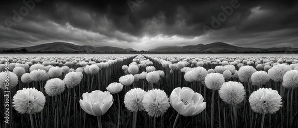 Fototapeta A vast field of white flowers under a dramatic cloudy sky with distant hills
