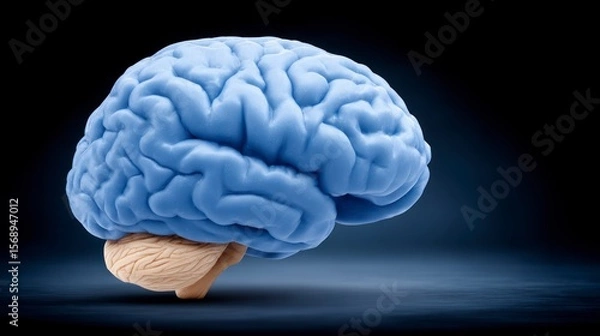 Fototapeta Detailed 3D rendering of a human brain light blue cerebrum beige cerebellum against dark gradient background