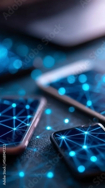 Fototapeta Multiple smartphones display glowing blue network patterns with abstract bokeh lights