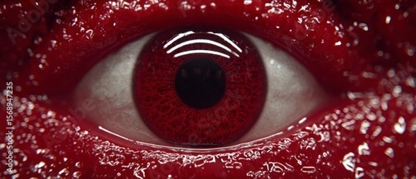 Fototapeta Extreme close up macro view of a human eye with vibrant red iris and textured shiny surrounding skin