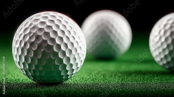 Fototapeta Three white golf balls arranged on a green textured surface with a dark background
