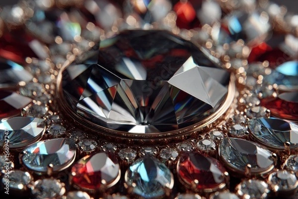 Fototapeta Extreme close up macro shot of a cluster of faceted diamonds and gemstones sparkling with light reflections
