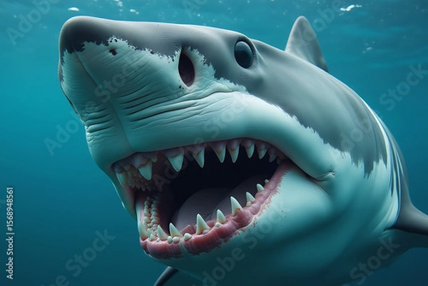 Fototapeta Great White Shark Swimming Underwater with Mouth Wide Open and Sharp Teeth


