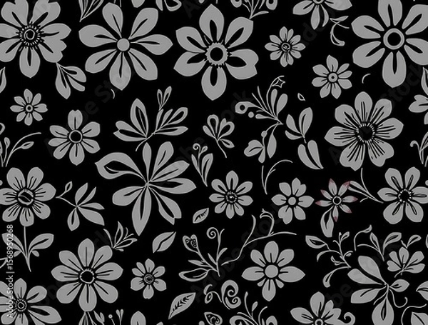 Fototapeta Elegant Floral Repeat Pattern on Black Backdrop for Textile and Decor