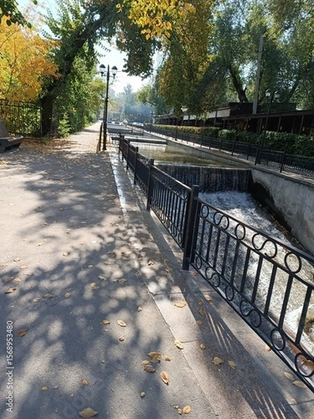 Obraz Scenic autumn view of a park with a waterway and trees.