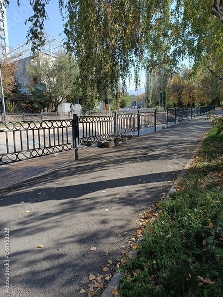 Obraz Autumn scene with a sidewalk, fence, and trees.