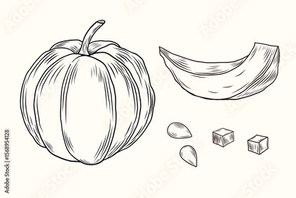 Obraz Engraving ripe pumpkin whole fruit, slice, piece and pumpkins seeds on isolated background. Eco Food, harvest, vegetarian healthy product, botanical vector illustration in vintage style. Hand drawn 