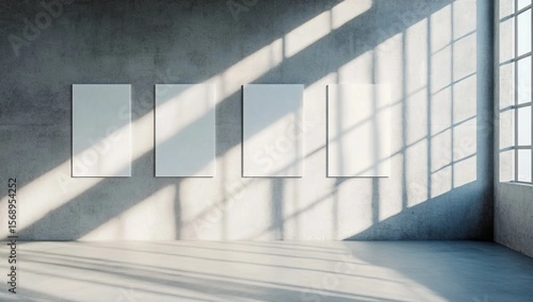 Fototapeta Empty gallery walls, sunlight, industrial space, presentation mockup