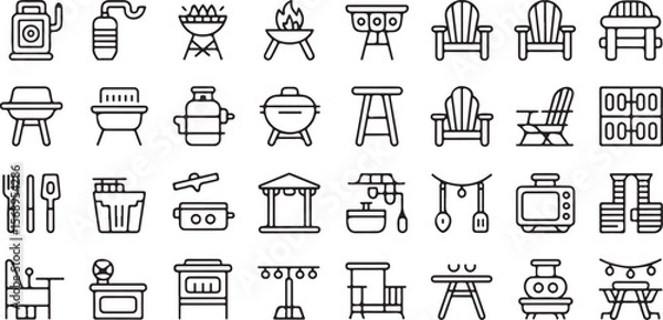 Fototapeta High quality backyard firepit outdoor features line icon set.Vector pictograms of kitchen, patio, fireplace, chiminea, pizza oven, firewood, propane tank, thin linear illustration.