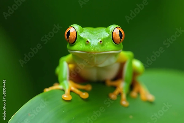 Fototapeta Red-Eyed Tree Frog with Vibrant Green Colors on Leaf

