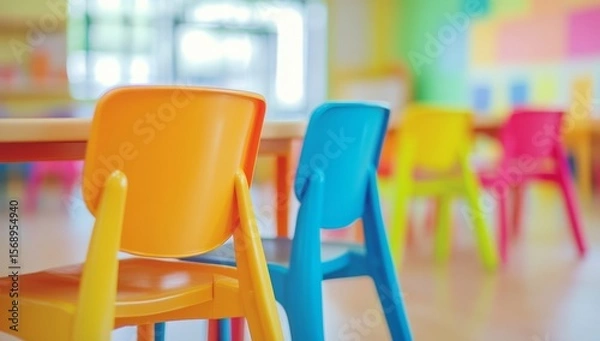 Fototapeta Colorful chairs and tables in a bright preschool classroom