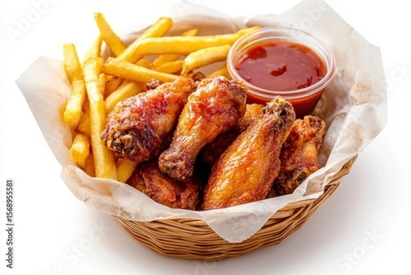 Fototapeta Crispy Fried Chicken Wings & French Fries in Wicker Basket with Sauce