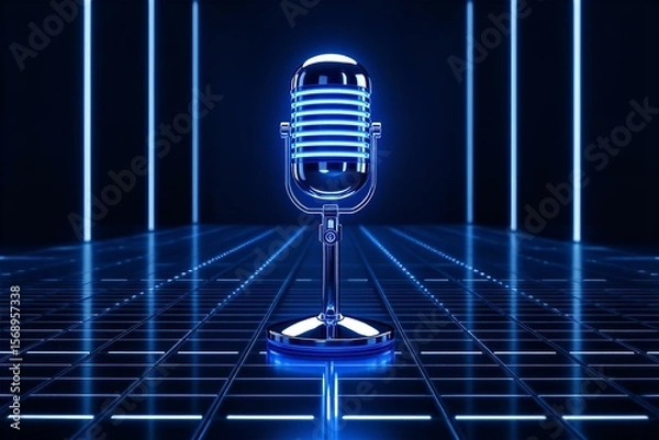 Fototapeta Retro Microphone Neon Blue Aesthetic: Vintage Mic on Futuristic Grid Background, Podcast Recording Studio, Music Production, Audio Equipment