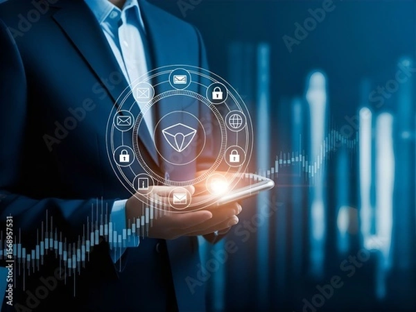 Fototapeta Cybersecurity Professional Analyzing Data on Tablet: Business Man in Suit with Security Icons and Financial Charts, Risk Management Concept